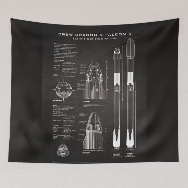 Item preview, Crew Dragon Spacecraft & Falcon 9 Rocket Blueprint in High Resolution (chalkbord black) designed and sold by RyansWorkshop.