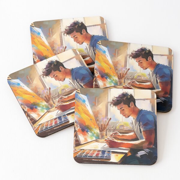 Item preview, An artist painting with vibrant colors in a sunlit studio, surrounded by brushes and art supplies, enjoying creative expression designed and sold by homydesign.