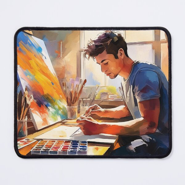 Item preview, An artist painting with vibrant colors in a sunlit studio, surrounded by brushes and art supplies, enjoying creative expression designed and sold by homydesign.
