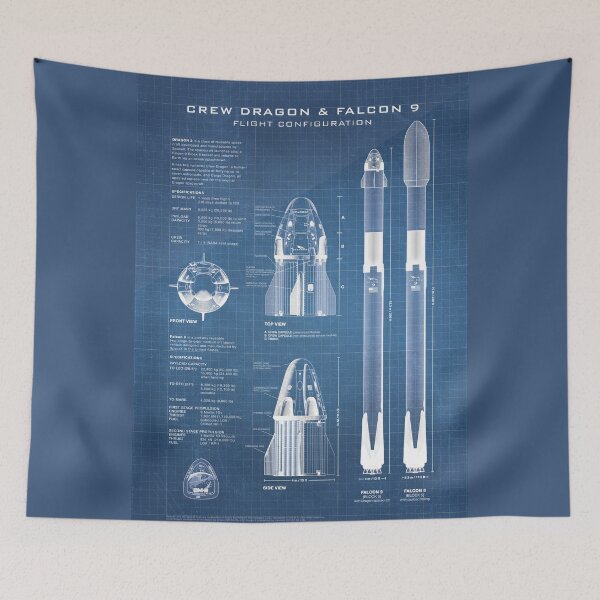 Item preview, Crew Dragon Spacecraft & Falcon 9 Rocket Blueprint in High Resolution (light blue) designed and sold by RyansWorkshop.