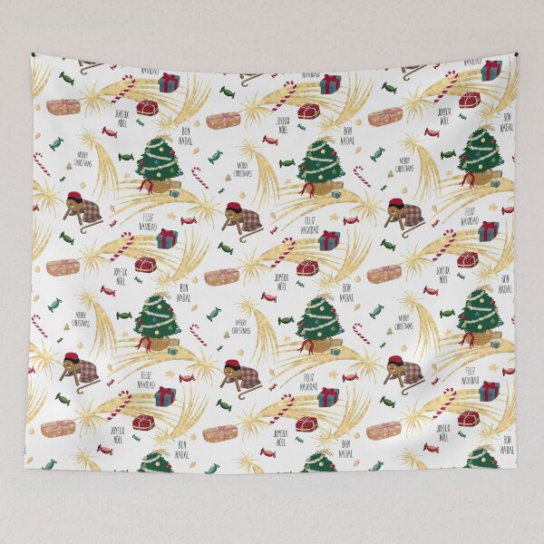 Item preview, Caga Tió with gifts and candies and Christmas tree on a white background with stars and Christmas decorations.  designed and sold by by Mònica Roca.