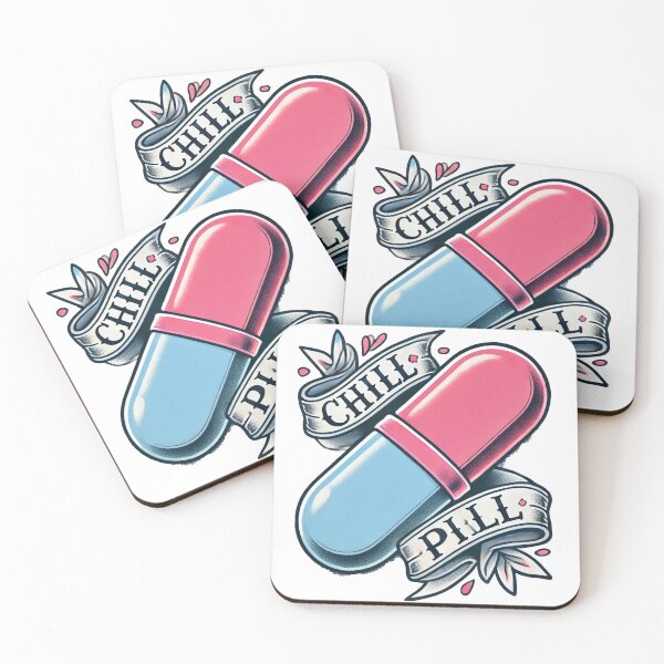 Item preview, Chill Pill Tattoo Style Design – Vibrant Pink and Blue Capsule Art with Retro Banner designed and sold by Negative Vibes Only.