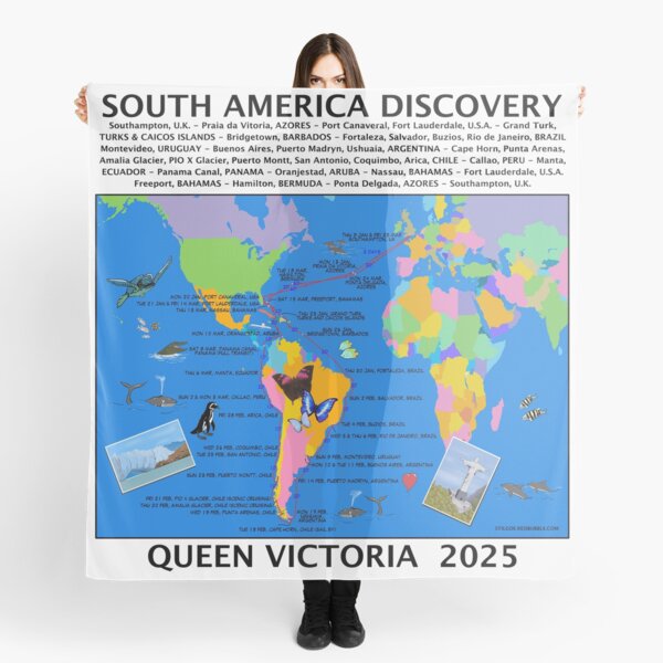 CUNARD 2025 V503B SOUTH AMERICA DISCOVERY CRUISE SOUTHAMPTON START FULLY ILLUSTRATED ROUTE MAP Scarf