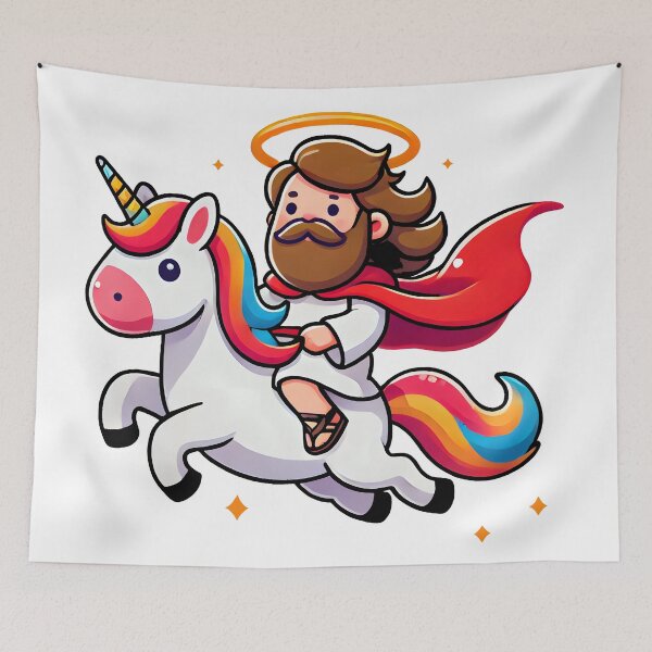 Item preview, jesus Riding Magical Unicorn – Whimsical Christian Fantasy Art designed and sold by DrawHandArt.