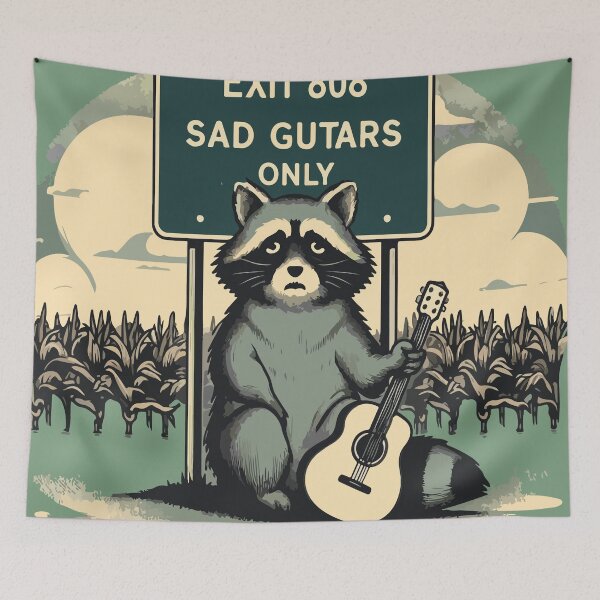 Item preview, A creative Midwest emo-inspired design featuring a sad raccoon sitting on a highway sign that reads 'Exit 808_ Sad Guitars Only.' The raccoon is holdi designed and sold by taherismail.