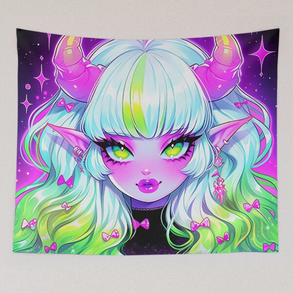 Item preview, Kawaii Pink Purple Green Little Demon Anime Girl designed and sold by bubblegoth.