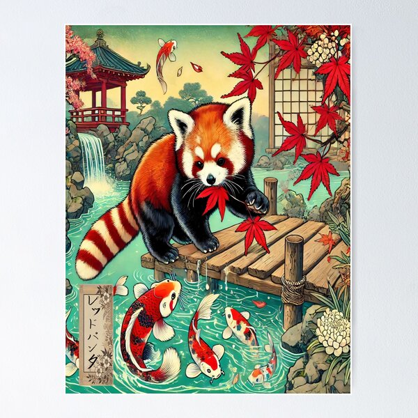 Item preview, Enchanted Red Panda Sanctuary - Japanese Garden Digital Art Print designed and sold by SakuraJapanArt.