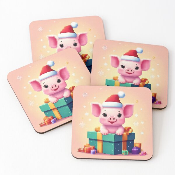 Item preview, Pixel Art Illustration of a Baby Pig Wearing a Christmas Hat Sitting on a Gift Box designed and sold by Anthonyelkh99.