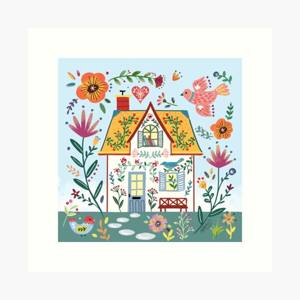 Item preview, Scandinavian Folk Spring Season Cheerful House and florals designed and sold by Natasha May Design.