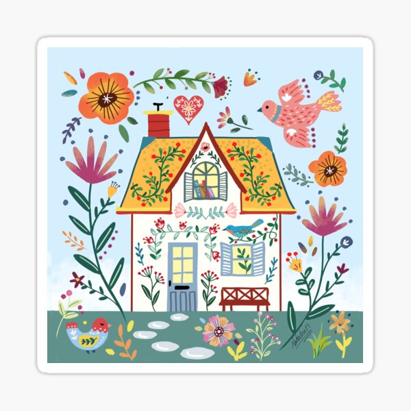 Item preview, Scandinavian Folk Spring Season Cheerful House and florals designed and sold by Natasha May Design.