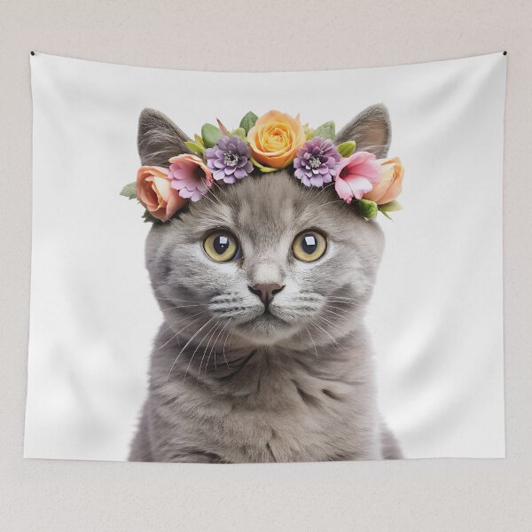 Item preview, Baby Chartreux cat wearing floral crown designed and sold by LazyOwlStore.