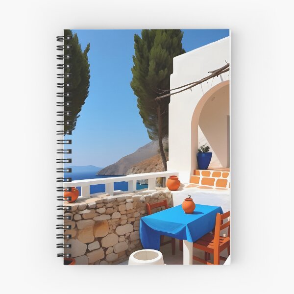Artikelvorschau, Mediterraner Terrassenblick, ruhige Terrasse am Meer, leuchtendes Blau und warmes Terrakotta-Poster, Reiseinspirierter Strandhaus-Kunstdruck entworfen und verkauft von Kintsugi99.