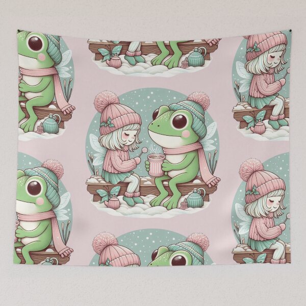 Item preview, Having a hot chocolate, frog and fairy girl, fairycore wintertime designed and sold by coloursforkids.