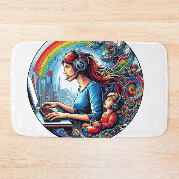 Item preview, Gamer Mum with her child at the computer, rainbow designed and sold by Salimgor Hangaround Music.