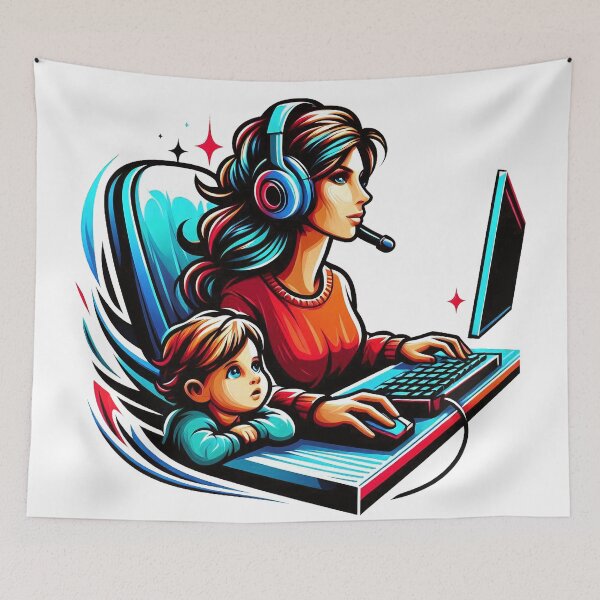 Item preview, Gamer Mum with her child at the computer home office designed and sold by Salimgor Hangaround Music.