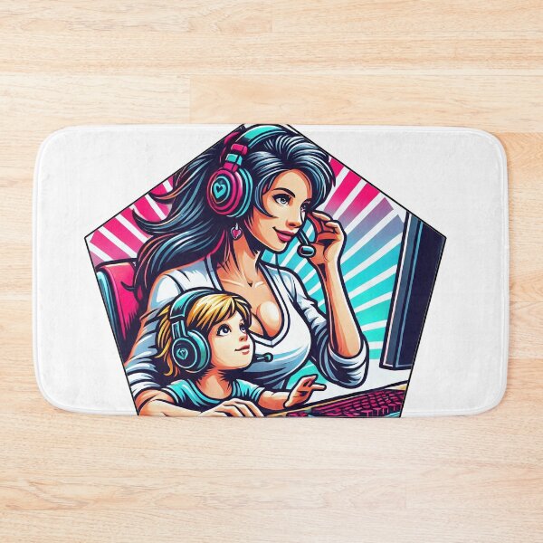 Item preview, Gamer Mum with her child at the computer Emblem 2 designed and sold by Salimgor Hangaround Music.