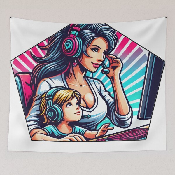 Item preview, Gamer Mum with her child at the computer Emblem 2 designed and sold by Salimgor Hangaround Music.