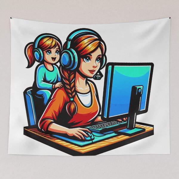 Item preview, Gamer Mum with her child at the computer home office designed and sold by Salimgor Hangaround Music.