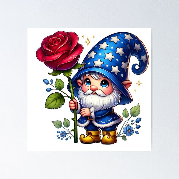Item preview, Whimsical Wizard Gnome Holding a Giant Red Rose Art designed and sold by lubushop1.