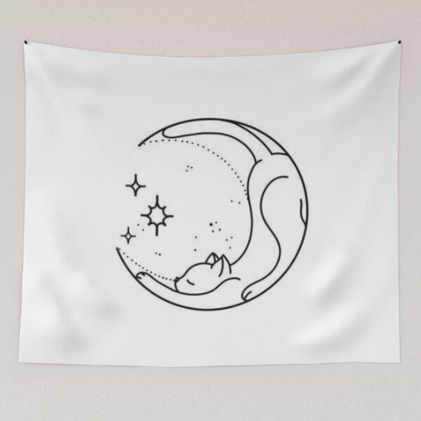 Item preview, Sleeping Cat with Moon and Stars, Black and White, Cute drawing, Cat lovers, Aesthetic, Cute, Adorable cat, Simple Design, Circular, Simple gift, Magical Vibes, Crescent shape designed and sold by Ellecher23.