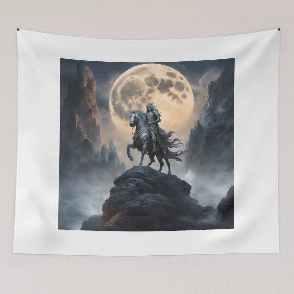 Item preview, Ethereal Rider Under Moonlight Peaks: Mystical Fantasy Artwork designed and sold by Cosmic Enigma.