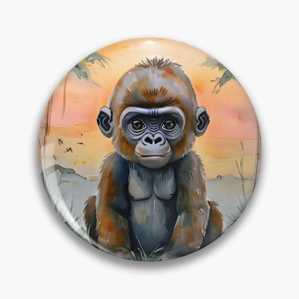 Item preview, A baby gorilla sits in a lush tropical setting with palm trees, displaying its characteristic facial features and posture. designed and sold by PholPol1959.