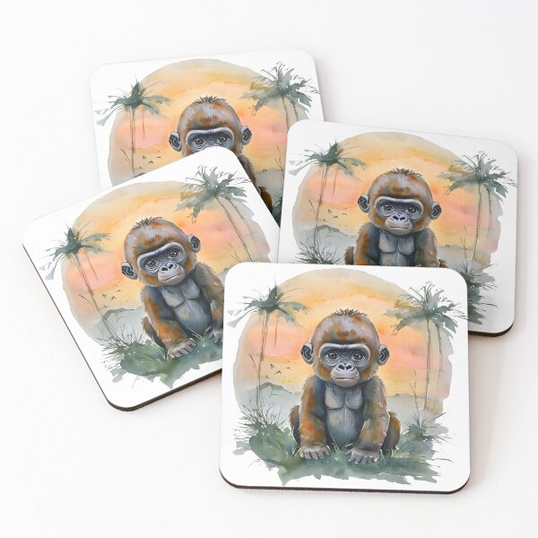 Item preview, A baby gorilla sits in a lush tropical setting with palm trees, displaying its characteristic facial features and posture. designed and sold by PholPol1959.