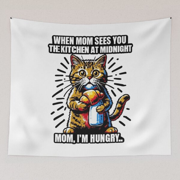 Item preview, Cartoon Cat Frantically Holding Croissant And Milk, MOM I am hungry. designed and sold by Colorful-Garden.