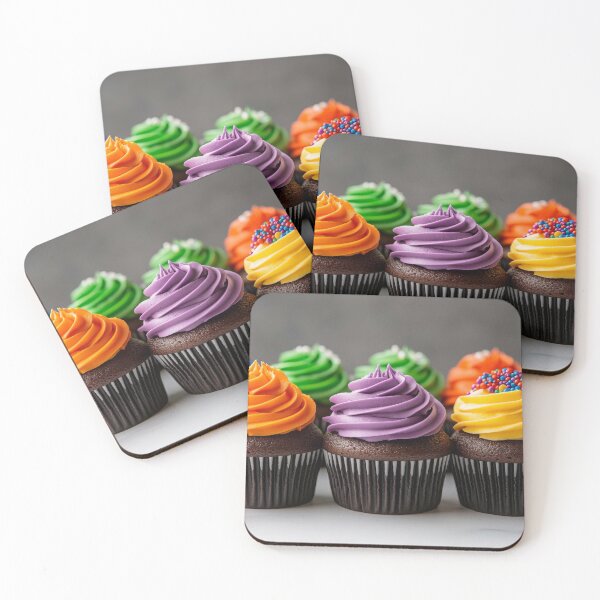 Item preview, a row of vibrant chocolate cupcakes decorated with colorful frosting in various shades of the rainbow, including red, orange, yellow, green, blue, purple, and a multicolored design.  designed and sold by MamaDong.