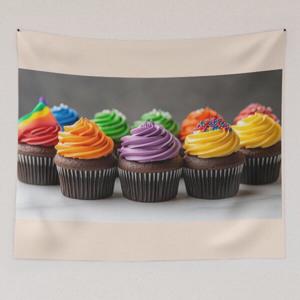 Item preview, a row of vibrant chocolate cupcakes decorated with colorful frosting in various shades of the rainbow, including red, orange, yellow, green, blue, purple, and a multicolored design.  designed and sold by MamaDong.