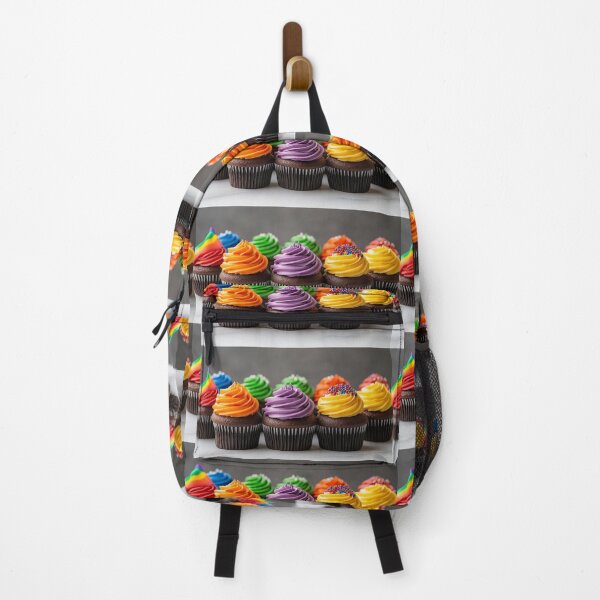 Item preview, a row of vibrant chocolate cupcakes decorated with colorful frosting in various shades of the rainbow, including red, orange, yellow, green, blue, purple, and a multicolored design. designed and sold by MamaDong.
