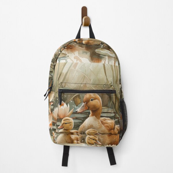 Item preview, The image illustrates a serene and whimsical scene of a mother duck with her ducklings swimming in a tranquil pond surrounded by lily pads and blooming lotus flowers designed and sold by MamaDong.