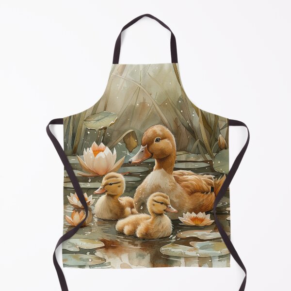 Item preview, The image illustrates a serene and whimsical scene of a mother duck with her ducklings swimming in a tranquil pond surrounded by lily pads and blooming lotus flowers designed and sold by MamaDong.