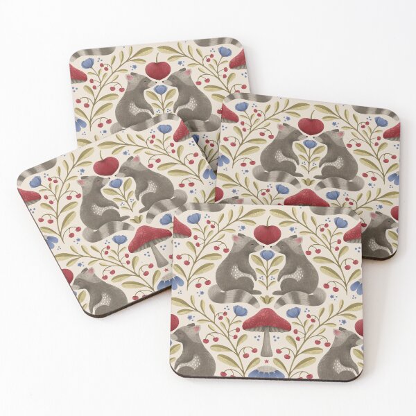 Item preview, Raccoon Rendezvous, Cherries & Leaves on beige designed and sold by OzdeBayer.