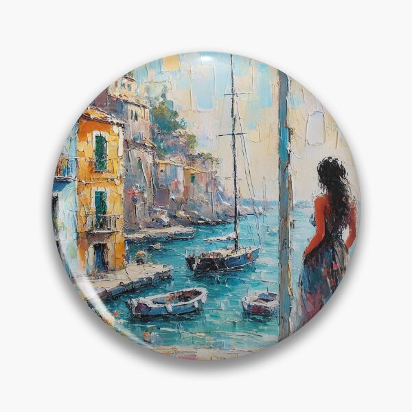 Item preview, Una escena idílica de un pueblo costero con edificios coloridos, barcos en el puerto y una mujer parada en la puerta de un edificio. designed and sold by PholPol1959.