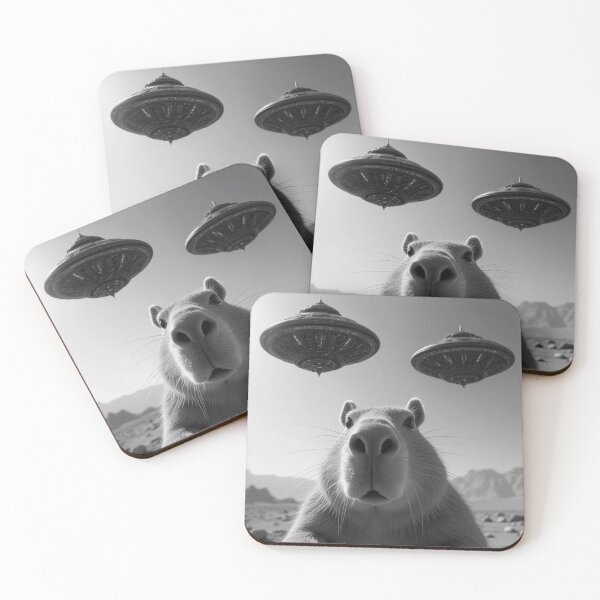 Item preview, Black and White Capybara in a Desert Landscape with UFOs – Surreal and Futuristic Animal Art designed and sold by marvinismyname.