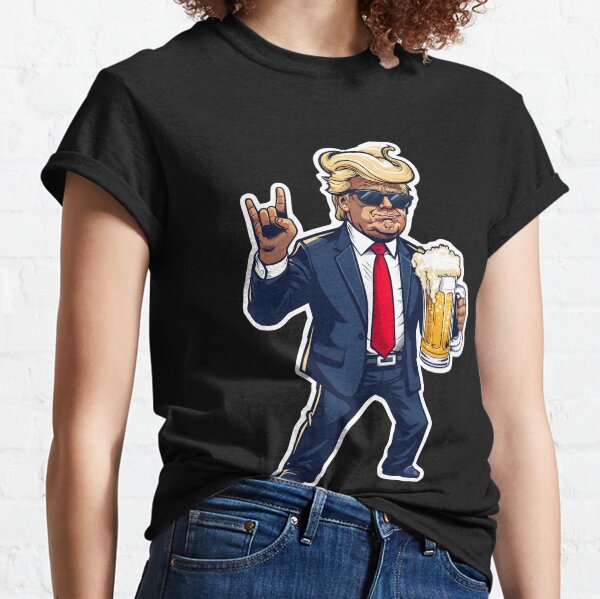 Vista previa del artículo con la obra «Caricatura de Donald Trump en pose dinámica con jarra de cerveza», diseñado y vendido por jasperDesigns.