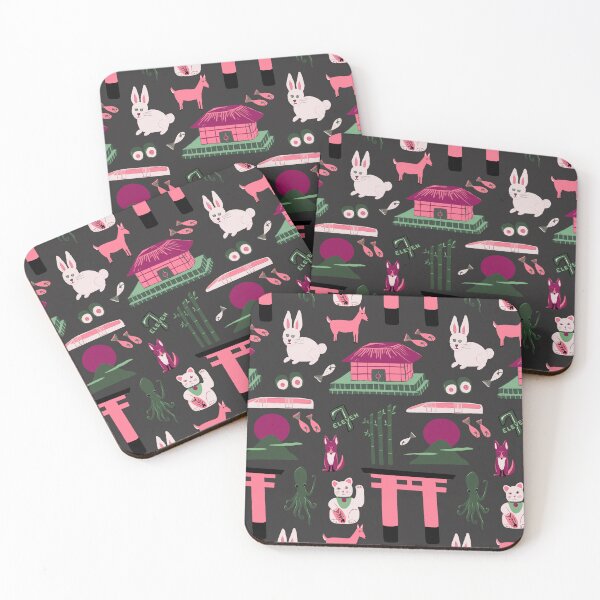 Item preview, Traveling through Japan, rabbits, torii gates, sushi, fish, deer, temples, octopus, 7-11 shops, lucky cats, bullet train in pinks and greens on charcoal  designed and sold by katerosestudios.