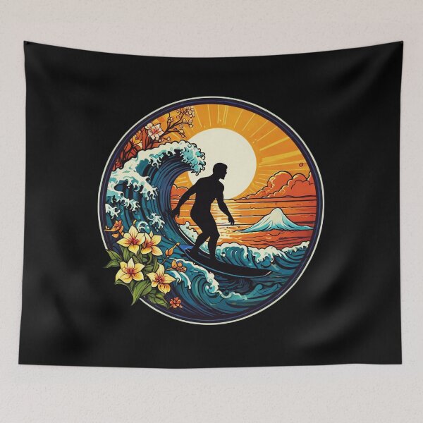 Item preview, Surfer Silhouette at Sunset with Kanagawa Japanese Wave designed and sold by NautiChic.