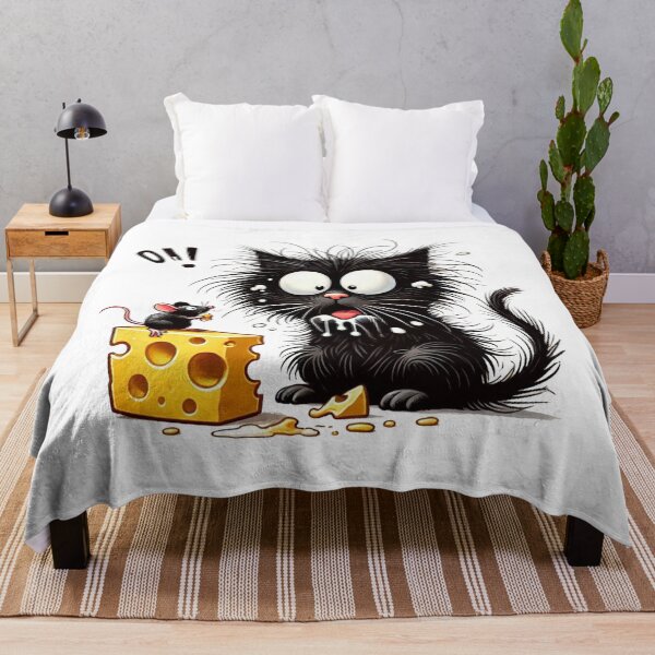 Item preview, Fluffy Black Cat in Shock with a Cheese-Eating Mouse designed and sold by CeammiShop.