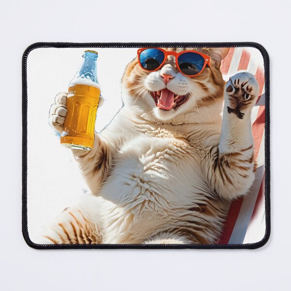 Item preview, Cat lying on the beach on a deckchair with a pair of glasses and a bottle in his hand, happy, funny, humor designed and sold by Dan9010.