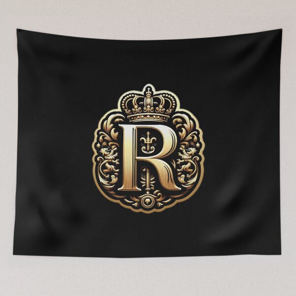 Item preview, An ornate golden emblem featuring a regal lion, a crowned "R"  designed and sold by ShihawyAhmad.