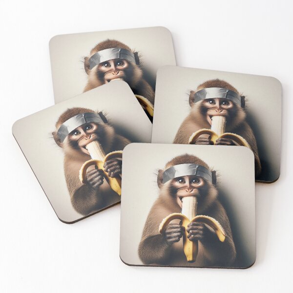 Item preview, A monkey holding a peeled banana, wearing a headband made of duct tape designed and sold by homydesign.
