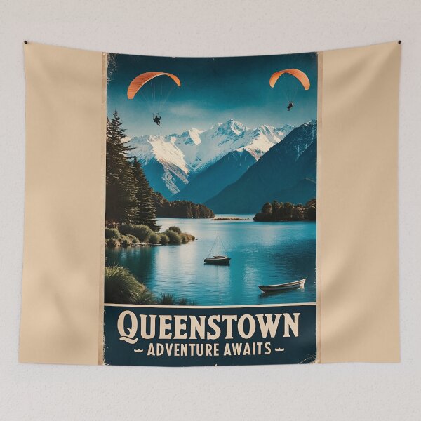 Artikelvorschau, Queenstown Neuseeland Poster – Vintage Abenteuer Kunstdruck entworfen und verkauft von Ceemko's Vintage Corner.