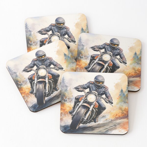Item preview, A motorcyclist in black leather jacket rides a classic bike through autumn forest trails designed and sold by homydesign.