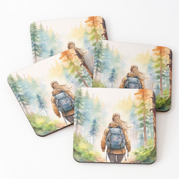 Item preview, A lone hiker with a backpack stands on a forest trail, gazing at sunlit towering evergreens in a serene watercolor-style wilderness scene designed and sold by homydesign.