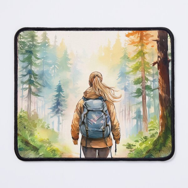 Item preview, A lone hiker with a backpack stands on a forest trail, gazing at sunlit towering evergreens in a serene watercolor-style wilderness scene designed and sold by homydesign.
