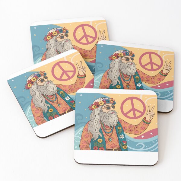 Item preview, Illustration of a hippie man with long hair and peace symbol on colorful background, vintage style, copy space designed and sold by AngelinArts.