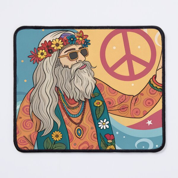 Item preview, Illustration of a hippie man with long hair and peace symbol on colorful background, vintage style, copy space designed and sold by AngelinArts.
