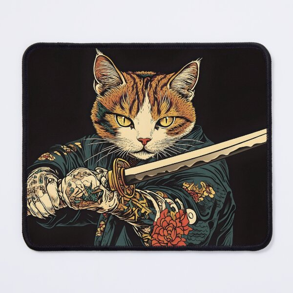 Item preview, Samurai Cat Warrior with Sword in Tattooed Robes - Unique Art Print designed and sold by Mousetopia.
